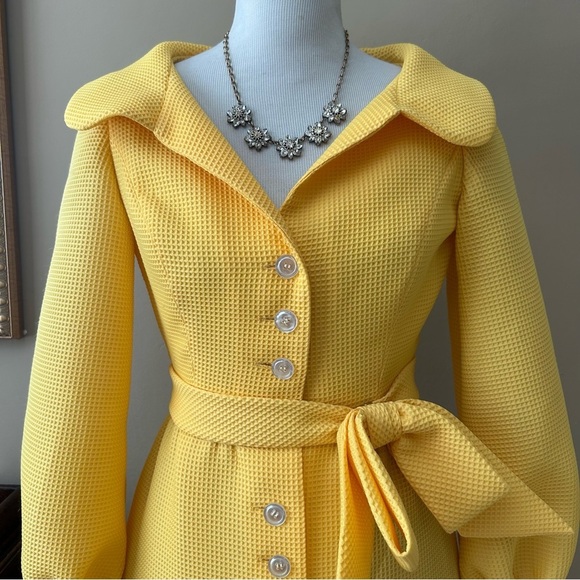Vintage 1960s I. Magnin Studio Six Yellow Pique Maxi Dress Button Front Bow S M - Picture 8 of 12